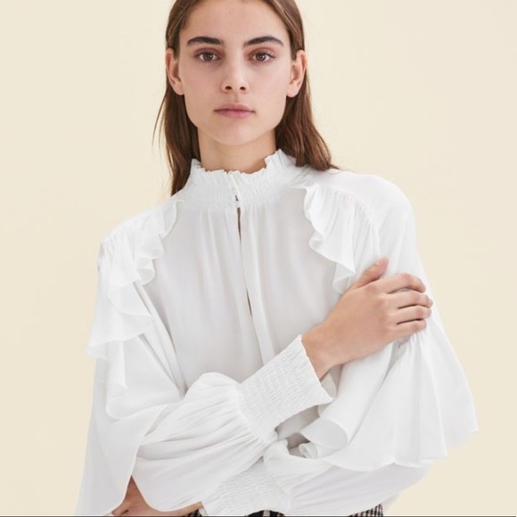 Ekri Blouse with valance and application knitted blouse attractive ladies blouse in Ekri color blouse with neckline and ruffles